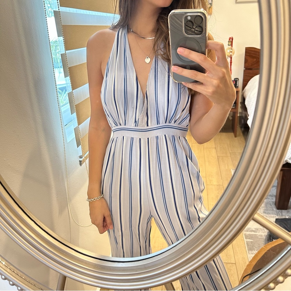 Beautiful blue stripped open back jumpsuit!!